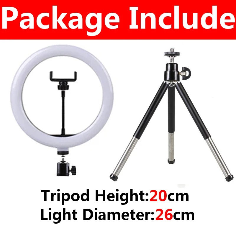 Lumière vidéo 26cm Selfie LED anneau lumineux réglable anneau rond lampe de remplissage avec support trépieds jante de lumière pour Tiktok maquillage Ringlight