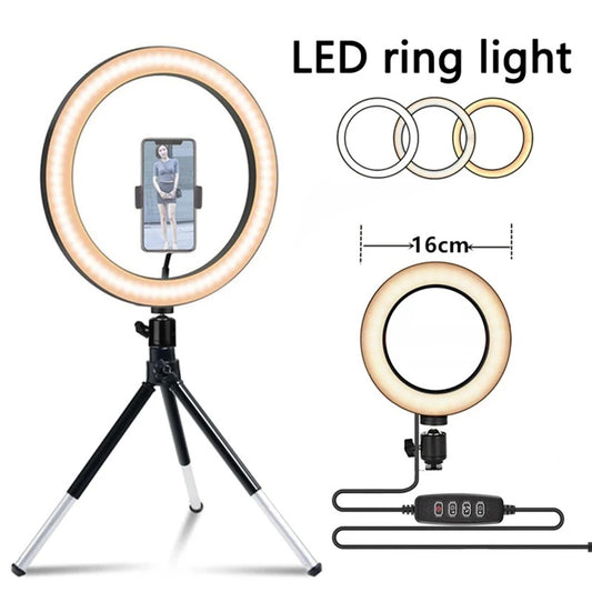 Lumière vidéo 26cm Selfie LED anneau lumineux réglable anneau rond lampe de remplissage avec support trépieds jante de lumière pour Tiktok maquillage Ringlight