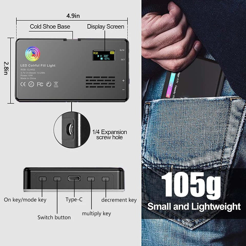 RGB LED lumière vidéo photographie remplissage caméra panneau d'éclairage CRI95 + 2500-9000K LCD affichage chaussure froide pour Vlog Streaming en direct DSLR