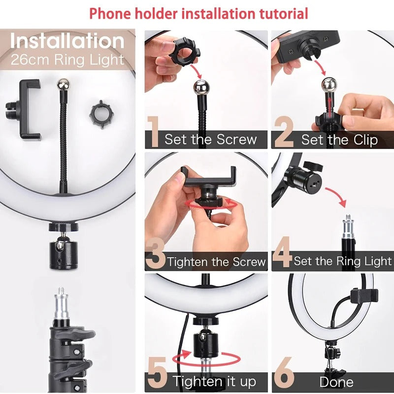 Lumière vidéo 26cm Selfie LED anneau lumineux réglable anneau rond lampe de remplissage avec support trépieds jante de lumière pour Tiktok maquillage Ringlight